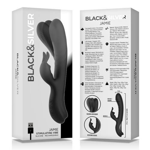 BLACK&SILVER - ESTIMULADOR DE COELHO DE SILICONE RECARREGÁVEL JAMIE PRETO