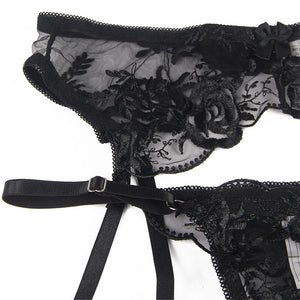 SUBBLIME - CONJUNTO DE 3 PEAS SUTI + TANGA + LIGA ESTAMPADO FLORAL PRETO S/M